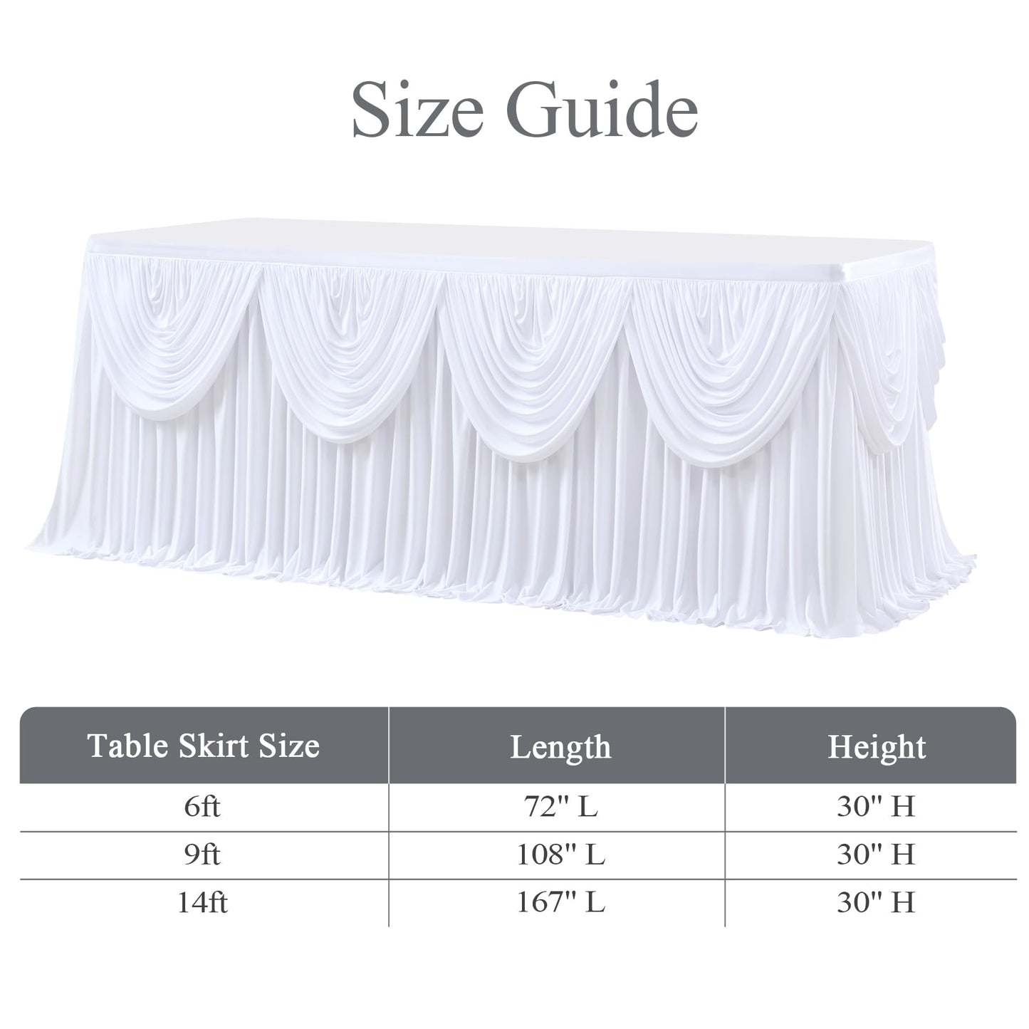 gogoparti White Tutu Table Skirts for Rectangle Tables 6ft Draped Pleated Table Skirt Polyester Tablecloth for Birthday Party Banquet Wedding Baby Shower