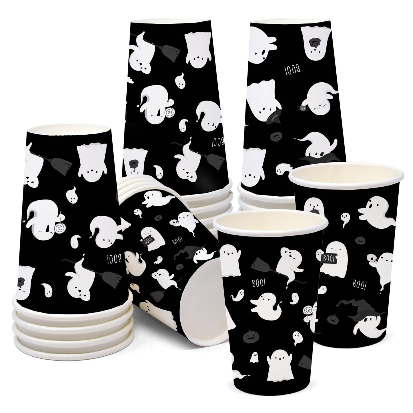 AIBIIN 50 PCS Halloween Party Paper Cups 16 oz Black White Ghost Coffee Cups Cute Halloween Disposable Cold Hot Chocolate Paper Coffee Cup Decorations Boo Ghost Table Party Supplies Decorations