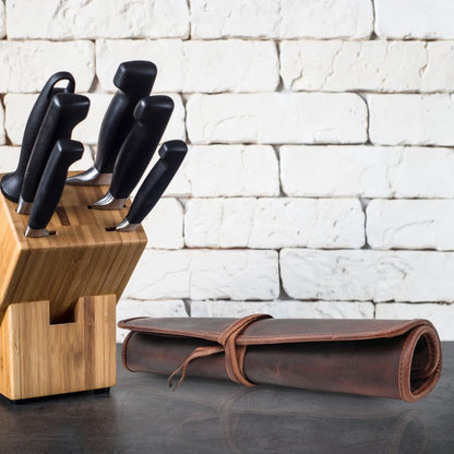 Autentico Genuine Buffalo Leather Small Knife Case Holder Chef's Knife Roll Holder Cutlery Sheath Carrying Case Organizer Storage Bag Travel Friendly Artist Gift for Men & Women Teak