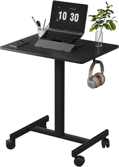 Mobile Small Standing Desk, Gas Spring Adjustable Height Rolling Portable Laptop Desk with Lockable Wheels/Laptop Stand/Hook Rolling Podium (Carbon Fiber Top + Black Frame, 18''×26'')