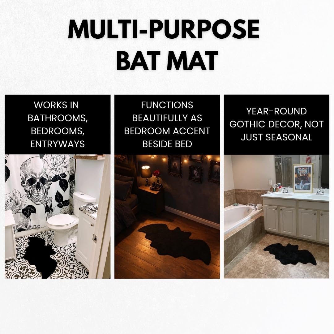WITTIZA Bat Bath Mat - Black Gothic Bathroom Rug, Non-Slip Quick Dry Microfiber, Soft Plush for Halloween Decor & Goth Home, Machine Washable, 36" x 20"