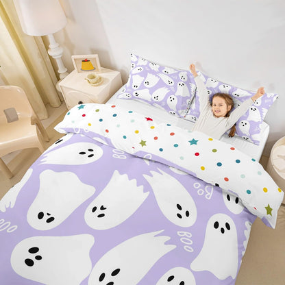 Purple Cartoon Style Duvet Cover Queen Size Halloween Theme Comforter Cover with 2 Pillowcases for Teens Adults Kawaii Ghost Bedding Set 3 Pcs Decorative Bed Cover(No Filler)