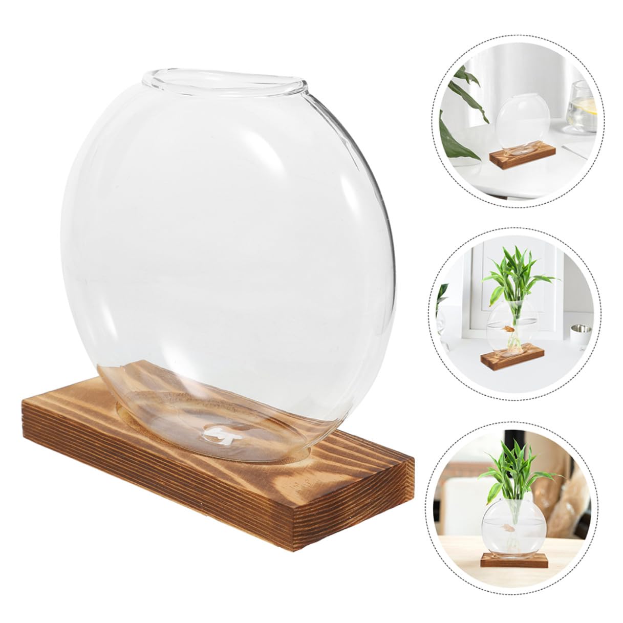 QUMIIRITY 2Pcs Hydroponic Glass Vase with Wooden Base, Plant Propagation Station for Home Office Balcony, Retro Style Plant Terrarium Holders for Indoor Gardening