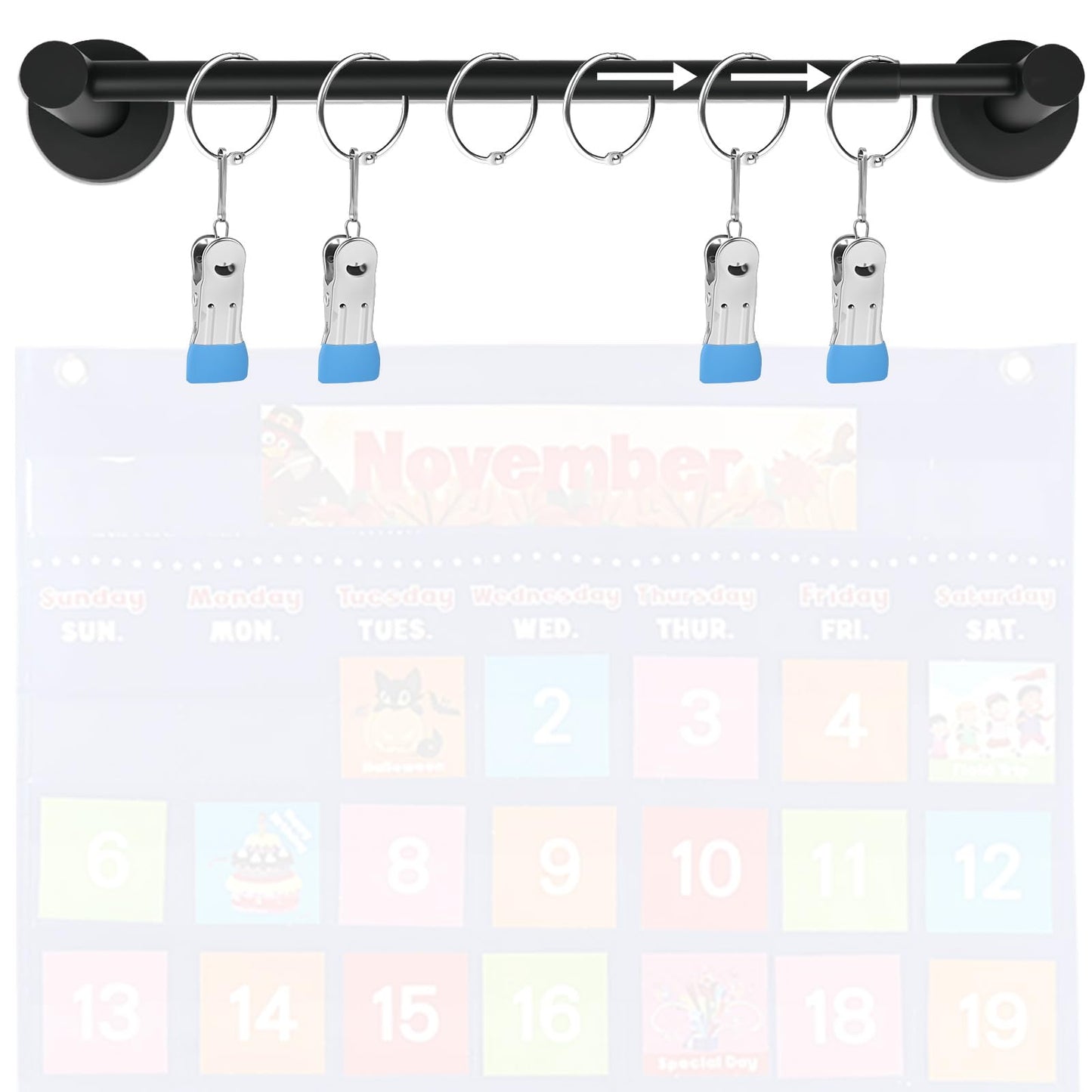 Rukinovi Heavy Duty Magnetic Holder Anchor Chart Organizer,Adjustable Calendar Display for Teachers,Stainless Steel Black 14"-30" Rod with 6 Rings & 4 Clips for Classroom, Home,Kitchen (Black)
