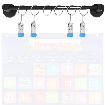 Rukinovi Heavy Duty Magnetic Holder Anchor Chart Organizer,Adjustable Calendar Display for Teachers,Stainless Steel Black 14"-30" Rod with 6 Rings & 4 Clips for Classroom, Home,Kitchen (Black)