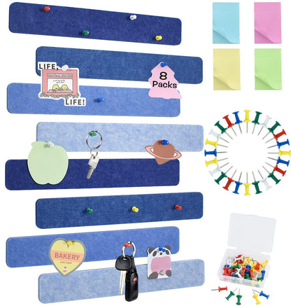 Vuzvuv 8 pcs Bulletin Board Bar Strips with 50 Pushpins & 10 Wooden Clip pins，Self Adhesive Cork Board for Wall，Felt Pin Board for School，Office Decor(Blue)