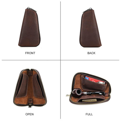 Hiram Handcrafted Pipe Tobacco Pouch, Full Grain Embossed Leather Smoking Pipe Storage Organizer Portable Accessories Tobacco Pouch and Lighter