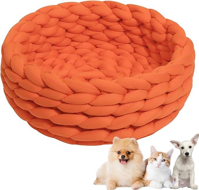 Woven Dog Bed Basket, Knitted Cotton Cat Bed Round Washable Woven Cat Pet Bed Chunky Dog Basket, Orthopedic, Chunky Knit Dog Nest,Dog Bed,Dog Cave,Dog Bedding(Orange,17")