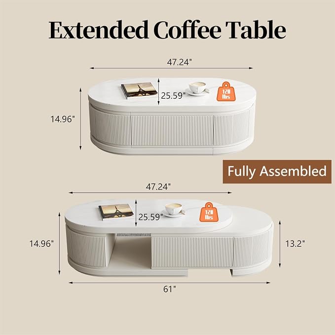 Modern Marble Coffee Table with Storage Drawers, Extendable Solid Wood Coffee Tables for Living Room, Fully Assembled Fluted Oval Center Table, No Installation Needed, White Finish