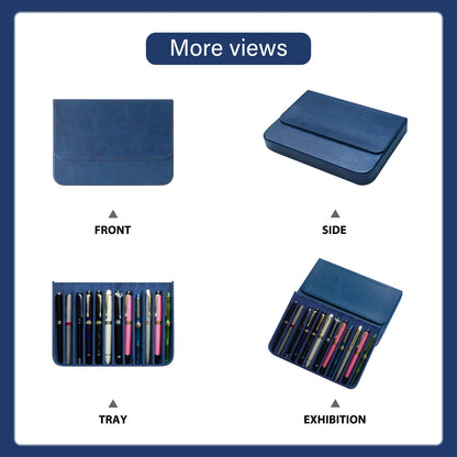 MIVLXLX PU Leather 12 Fountain Pen/Pencil Tray Case Organizer, Fashion Design, Handmade, Magnetic Closure with Drawer, Christmas Gift for Man/Woman/Office, 12 Slots(blue)