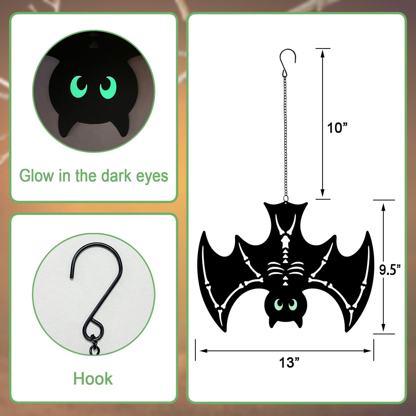 3pcs Metal Hanging Bats Outdoor Halloween Decorations,Black Bat with Glow in The Dark Eyes for Indoor/Outdoor,Halloween Decor