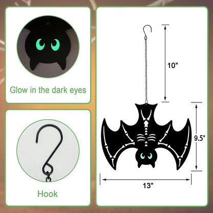 3pcs Metal Hanging Bats Outdoor Halloween Decorations,Black Bat with Glow in The Dark Eyes for Indoor/Outdoor,Halloween Decor