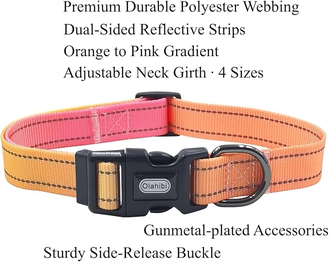 Dog Collar Leash Set, Gradient Color, with Safety Reflective Strips, 5 ft Matching Leash, Neoprene Padded Handle, Adjustable 4 Sizes for Small Medium Large Dogs.(S, Orange Pink)