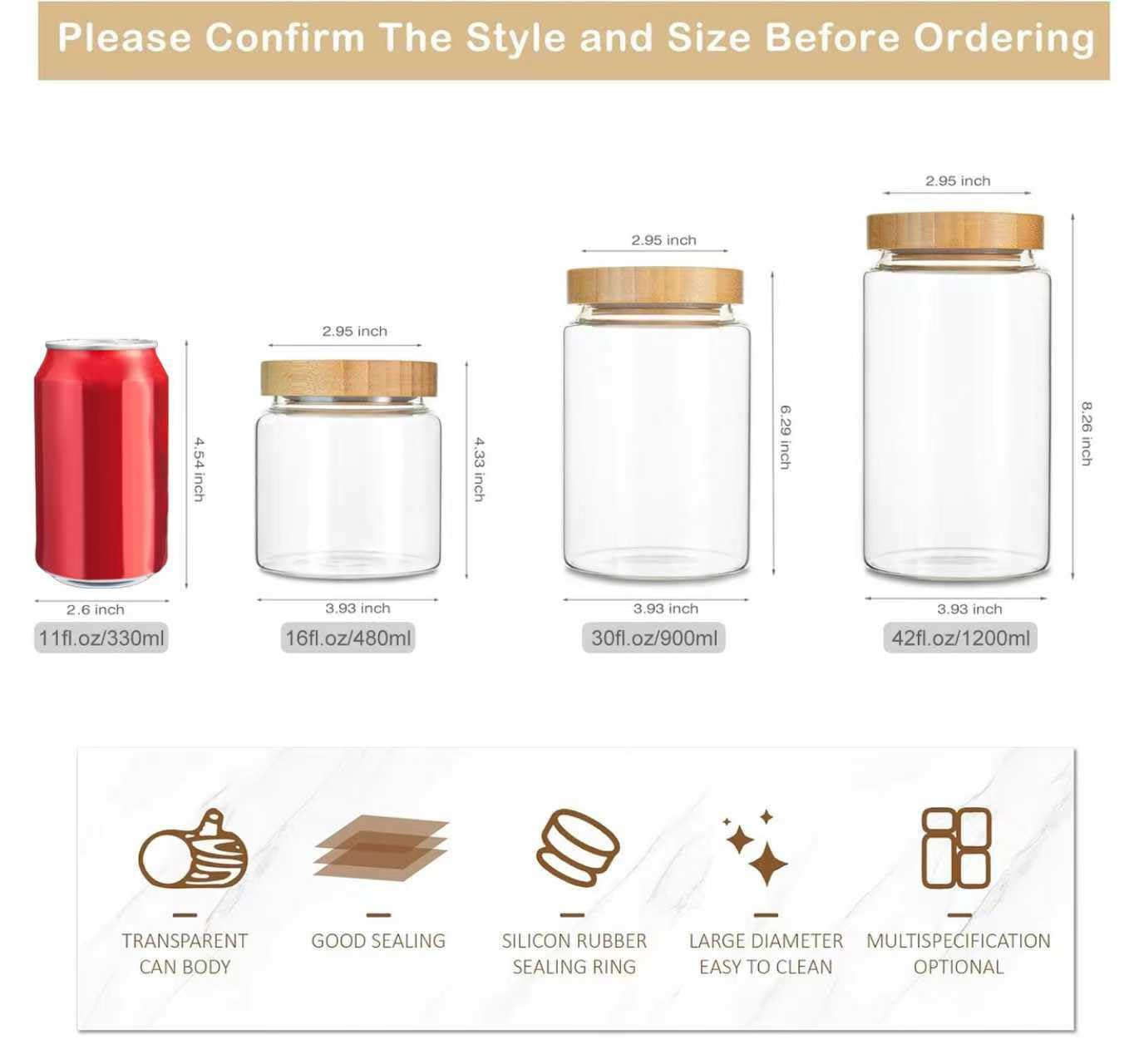 MOLADRI 480 ml / 16 oz clear cute glass storage canister holder with airtight bamboo lid, modern decorative small container jar for coffee, spice, candy, salt, cookie, condiment, pepper, sugar
