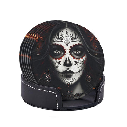 Sugar Skull Coasters with Holder Leather Coasters for Drinks Set of 6 Funny Halloween Drink Coasters Sets for Living Room Kitchen Coffee Bar Holiday Decor