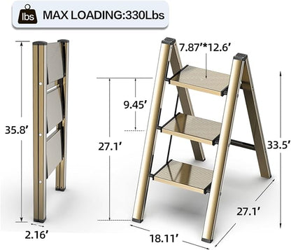 3 Step Ladder, Aluminum Folding Step Stool with Anti-Slip Sturdy and Wide Pedal, Lightweight Portable Stepladder for Home and Kitchen Use Space Saving, Gold, 330 lbs