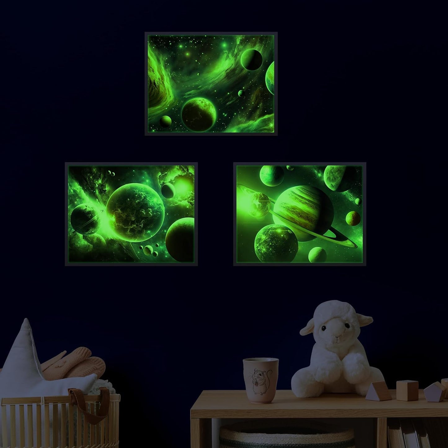 Quanhaigou Glow in The Dark 3D Space Wall Decals, Set of 3 Galaxy Window Stickers for Wall,Planet Themed Room Decor for Kids Boys (Galaxy Glow Green)