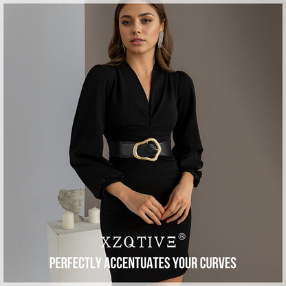 XZQTIVE Women Wide Elastic Waist Belt for Dresses Fashion Big Gold Buckle Stretchy Leather Waistband for Ladies, Black, 100cm