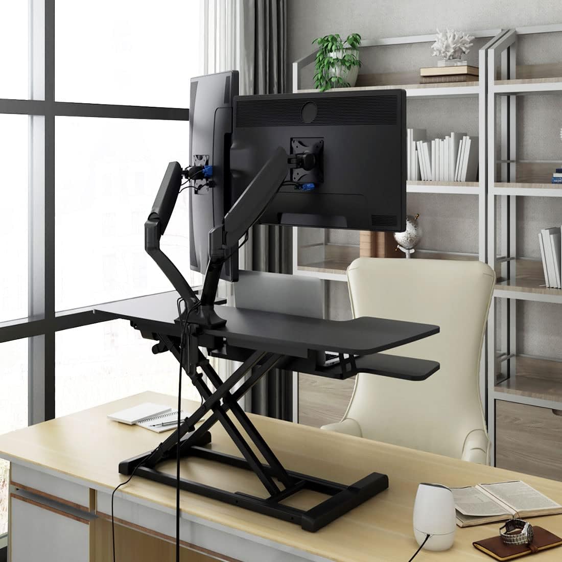FLEXISPOT Electric Standing Desk Converter 42" Height Adjustable Desk 55 LBS Weight Capacity Motorized Stand up Desk Riser with Quick Release Keyboard Tray for Office Home