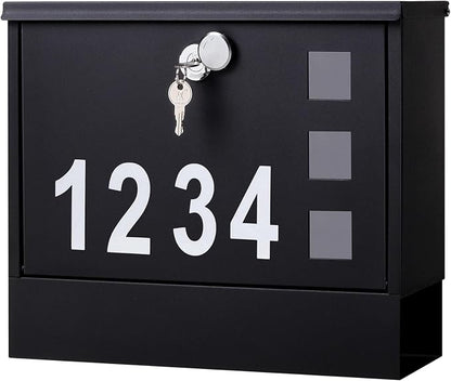 Locking Mailbox Wall Mount for Outside– Jssmst Mailboxes with Number and Key Lock for Front Door Fence, Large Capacity Letter Box, 14.3 x 4.1 x 11.8 Inch, Black