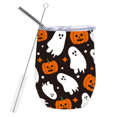 Whaline Halloween Stainless Steel Wine Tumbler with Straw and Lid Ghost Pumpkin Coffee Mug Black White Orange Insulated Tumbler for Hot and Cold Drinks