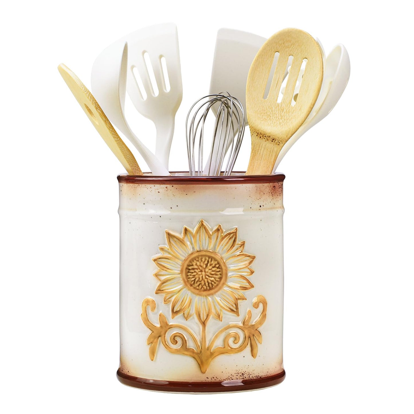 SOCOSY Ceramic Retro Sunflower Embossed Kitchen Utensil Holder, Large Cooking Utensil Crocks for Kitchen Countertop, Utensil Organizer