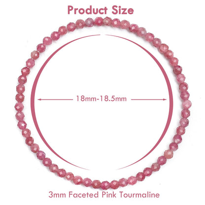 BONNY BOXX Natural Genuine Gemstone Faceted Round Beads Bracelets, 3mm Adjustable Stretchy Tiny Faceted Pink Tourmaline Bracelet, Healing Crystal Reiki Chakra Dainty Jewelry Fashion Gifts
