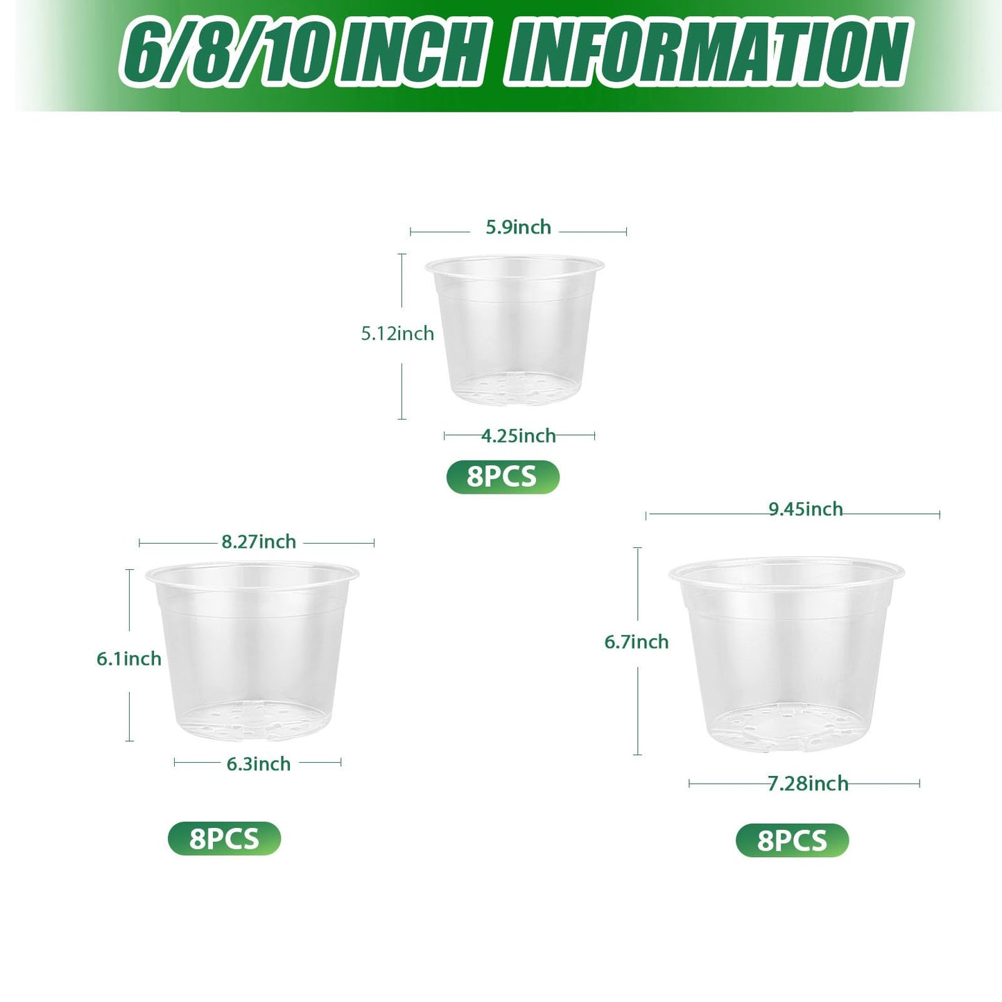 TAQIXI 6/8/10 Inch Large Clear Nursery Pots with Drainage, 24 Pack Plastic Plant Pots for Seedlings Flowers Succulents Vegetable, Indoor Outdoor Gardening (6/8/10 Inch-24Pack)