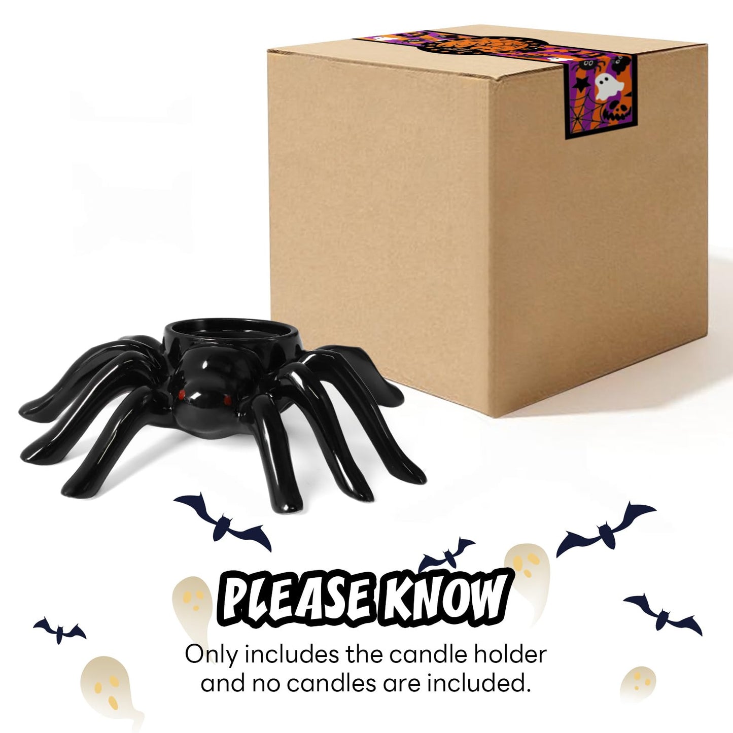 Halloween Candle Holder Black Spider Ceramic Candle Holder Halloween Decorations for Home Office Table Centerpiece, Scary Spider Tealight Candlestick for Party Decoration