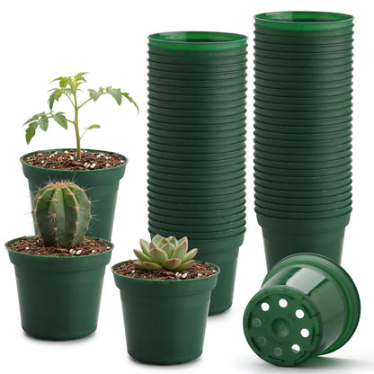 RooTrimmer 3 Inch Plastic Nursery Pot with Drainage, Raised Base - Green Flexible Planters for Seedlings, 50 Pack, Durable & Lightweight for Indoor/Outdoor Gardening