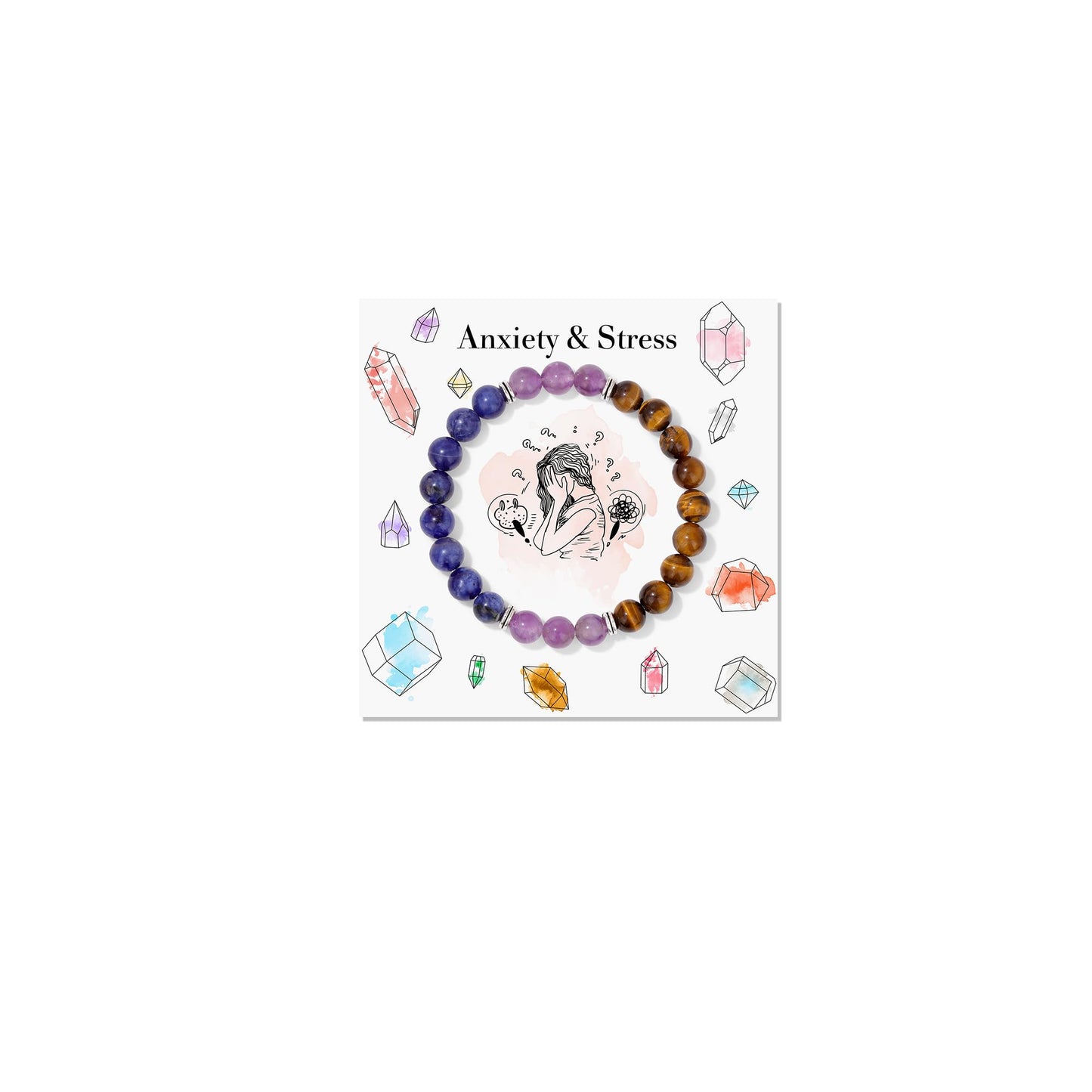 Risyfjew Natural Healing Crystal Bracelet for Women Anxiety Relief Bracelets Calming Jewelry Gifts Worry Stone Amethyst Tiger Eye Sodalite