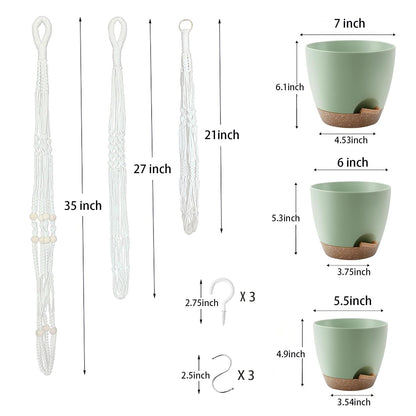 BLEAFLUV Hanging Planters with Macrame Plant Hangers for Indoor Outdoor Plants, 3 Set Hanging Baskets Flower Pots Holders 35''/27''/21'', Self-Watering Pots 7''/6''/5.5'', Boho Home Decor, Green
