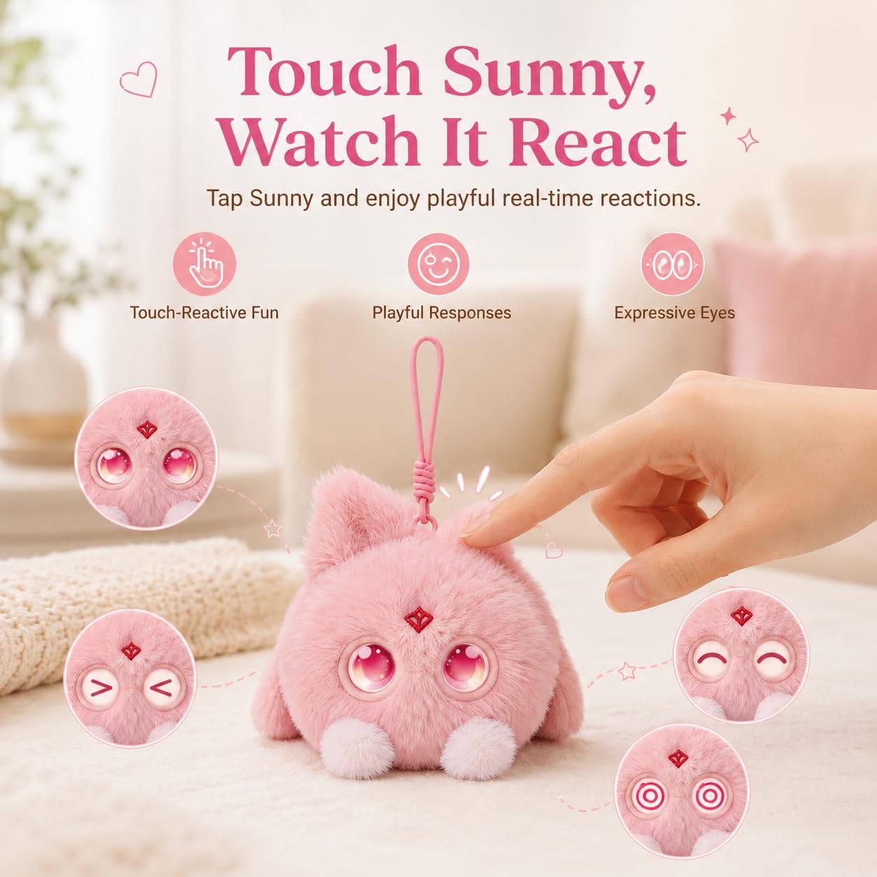 OKIVIVI AI Plush Bag Charm, Interactive Voice Chat Companion Stuffed Animals with App-Connected, Expressive LED Eyes, Touch-Reactive Stuffed Toy, Cute Plush Keychain Gift for Teens and Plush Lovers