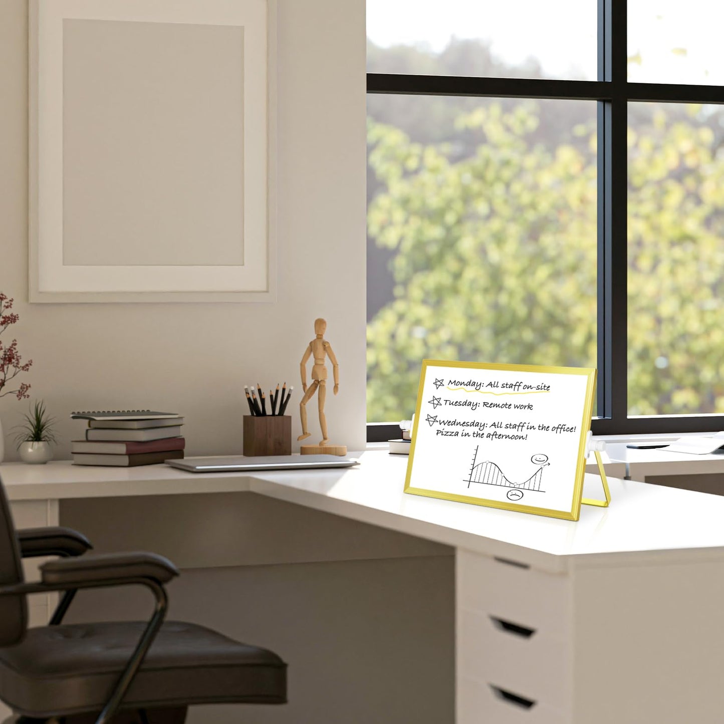 AMUSIGHT Magnetic Dry Erase White Board, 12" x 8" Double-Sided Golden Aluminum Frame Desktop Whiteboard with Stand, Portable Small Whiteboard Set for Drawing, Office, Home, School