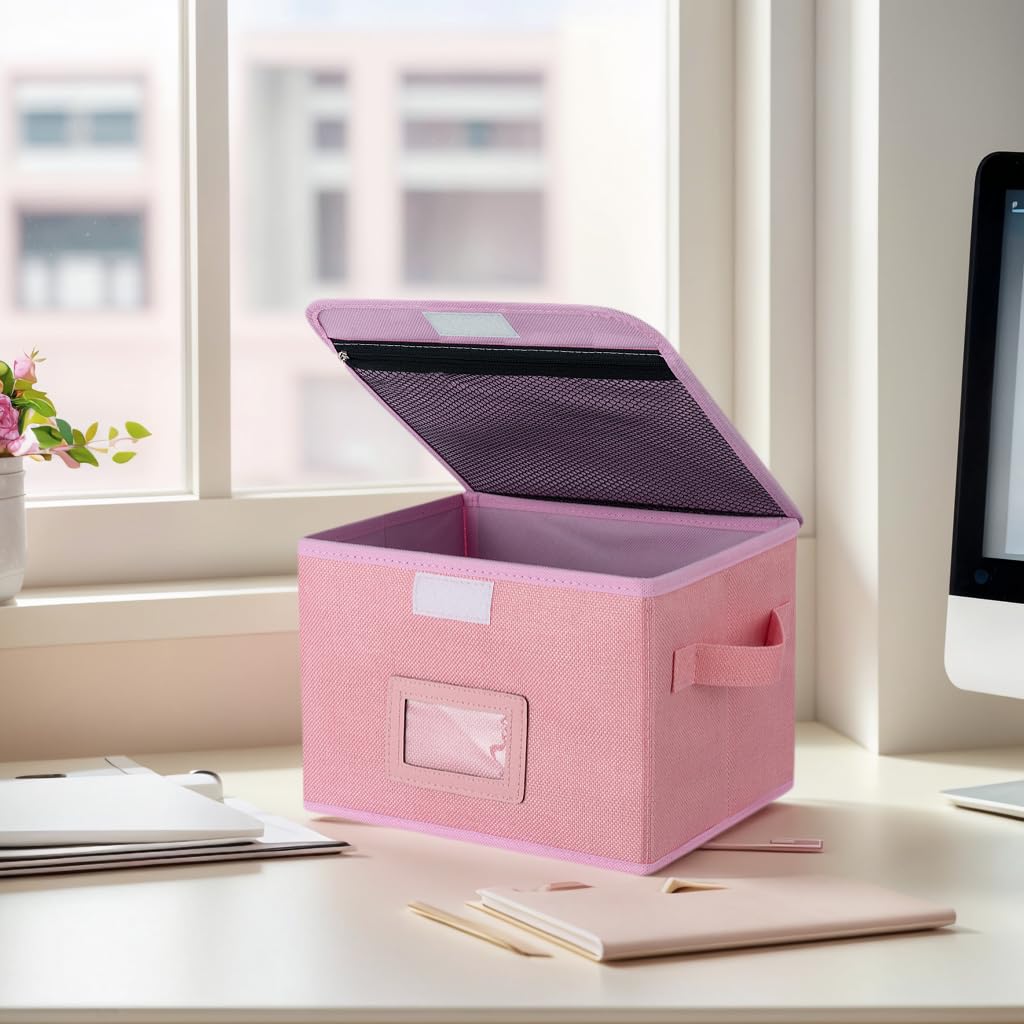 EsmeeSis Small Storage Box, Storage Basket with Lid, Foldable Cotton Linen Fabric Keepsake Box, Organizer Container with Zipper for Decorative, Medicine, Greeting Card Organizer. (Pink, 1 Pack)
