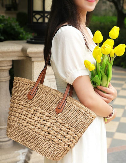 Women's Straw Shoulder Bag Large Rattan Woven Totes Summer Travel Beach Handbag Handmade Top Handle Purse
