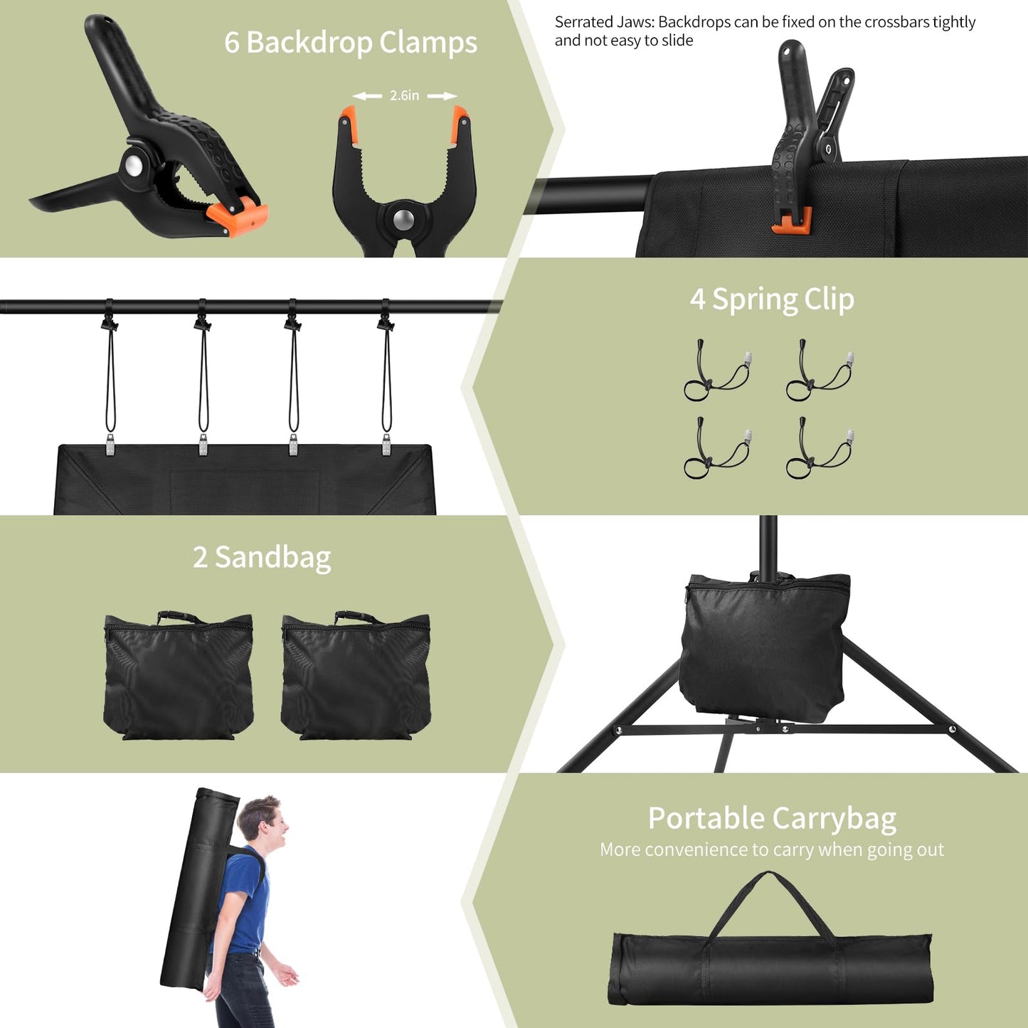 Backdrop Stand 10x7ft(WxH) Photo Studio Adjustable Backdrop Stand Kit Photography Backdrops with 4 Crossbars, 6 Clamps, 4 Spring Clip, 2 Sandbags and Carry Bag for Parties/Wedding/Photography