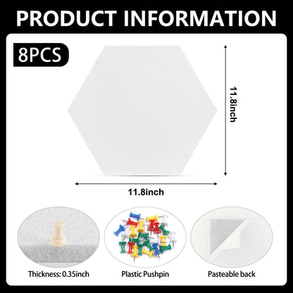 8 Packs White Hexagon Felt Pin Board, 12" Bulletin Board with 30 Push Pins, Felt Board for Home Kitchen Office Decor, Self-Adhesive Corkboard Tiles for Walls Classroom Message Photos Memos Display