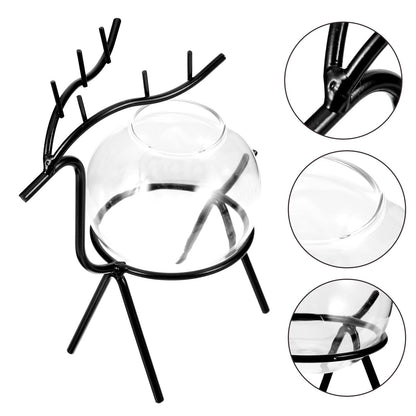 Operitacx Glass Hydroponic Vase with Metal Stand, Small Glass Plants Container for Desktop Terrarium Planter, Black Animal Decorative Flower Vase for Home and Office Décor