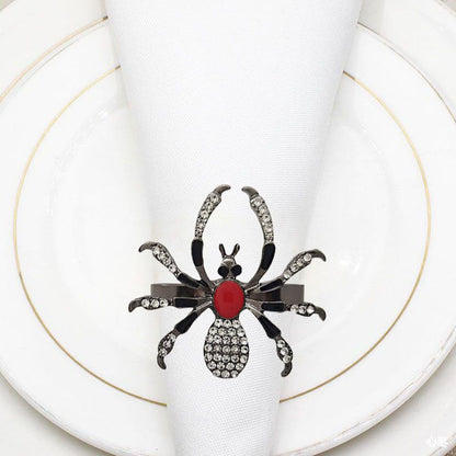 Halloween Napkin Rings Set of 6, Black Spider Napkin Ring with Rhinestones, Decorative Serviette Buckles Metal Holder for Cloth Napkins, Party Table Decor Banquet Birthday Holiday Daily Use