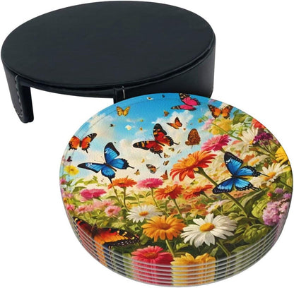 BOXIMIAO Drink Coasters with Holder Stand Set of 6, Bright Flower Butterfly Pu Leather Absorbent Coasters with Cork Base Table Coaster Round Coasters for Housewarming Apartment Kitchen Bar Decor