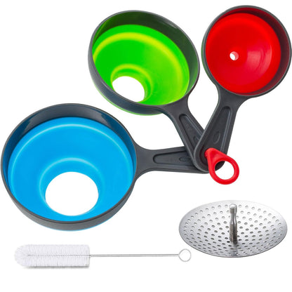 Kalave Canning Funnel with Strainer, Food Grade Silicone Collapsible Kitchen Funnel, Wide Mouth for Canning, Filling Bottles & Mason Jars, 4 Pack
