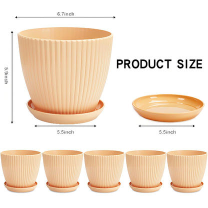 MUXINCAMP 7 Inch Large Plant Pots, 6 Pack Flower Pots with Drainage Hole and Tray Saucer Plastic Plant Pot for Outdoor Indoor House Plants and Flowers Herbs (Khaki)