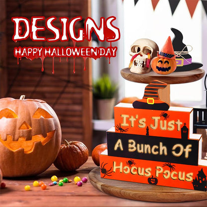 GOSUOA Halloween Wooden Block Sign with Led Lights Letters,Halloween Decorations Indoor,Halloween table decor,Battery Operated Halloween Party Decorations for Mantels, Tiered Trays, Shelves