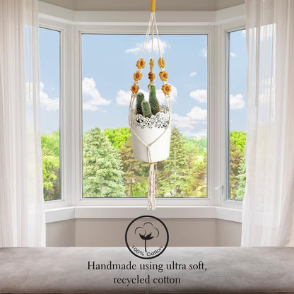 Macrame plant hanger with Daisies | Hanging plant holder | Macrame Plant hangers outdoor and indoor hanging planters Plant stand indoor Boho Decor hanging planter stand/plant shelf (Golden Harvest)