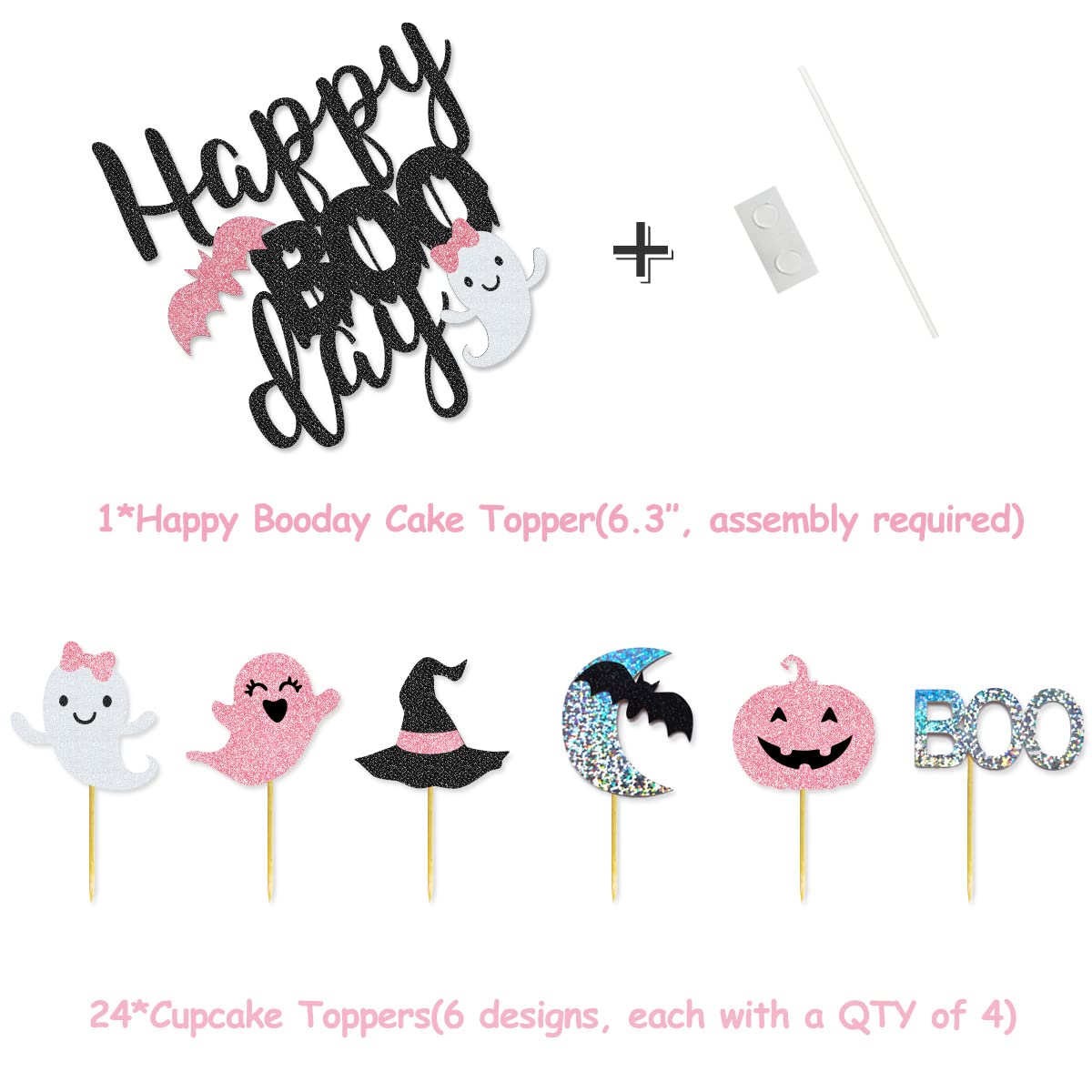 92 Packs Pink Black Halloween Birthday Party Kit Happy Boo Day Banner Cake Topper Ghost Cupcake Toppers Skeleton Bat Mylar Balloons for Pink and Black Halloween Birthday Party Decorations