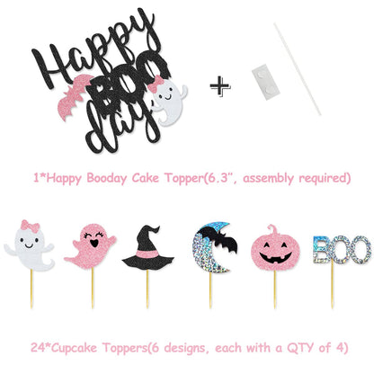 92 Packs Pink Black Halloween Birthday Party Kit Happy Boo Day Banner Cake Topper Ghost Cupcake Toppers Skeleton Bat Mylar Balloons for Pink and Black Halloween Birthday Party Decorations