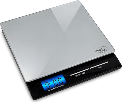 Smart Weigh Professional USPS Postal Scale with Tempered Glass Platform, Multiple Weighing Modes and Tare Function, Silver Shipping Scale, Platform Scale, 11 pounds/ 5 Kilograms