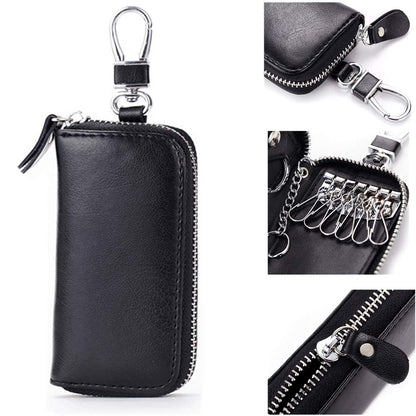 Genuine Leather Key Holder Bag with 2 Card Slots & 6 Hooks, Access Card Key Case Wallet for Men & Women (Black)