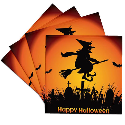 3dRose Happy Halloween with Witch on a Broom and Bats Set of 4 Ceramic Tile Coasters